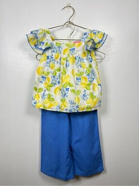 Isaac Mizrahi Girls Lemon Print 2 Piece Set Size 5/6 Blue Pants + Hair Bows
